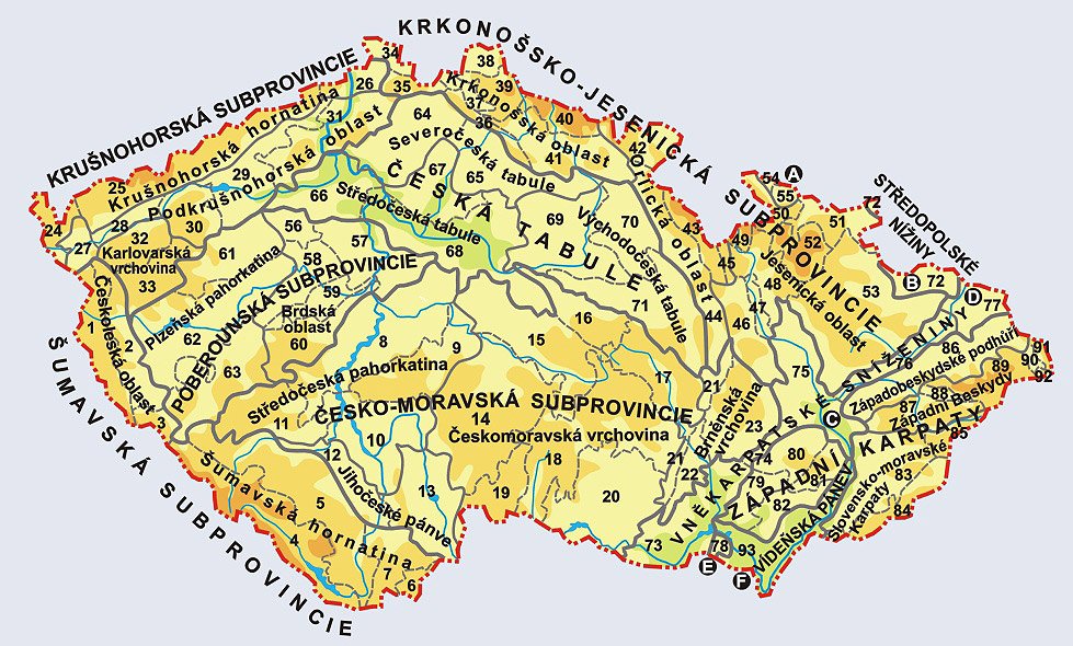 Mapa pohoří a nížin v ČR, geomorfologické členění České republiky